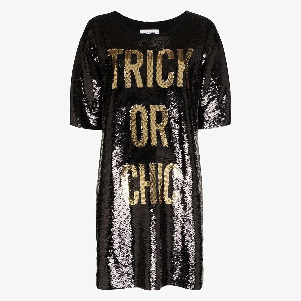 NWT Moschino TRICK OR CHIC black & gold sequin mini holiday dress - Picture 8 of 11